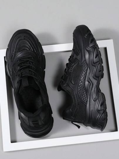 Men's Black Letter Print Lace-Up Chunky Sneakers, Thick Sole, Non-Slip, Round Toe Sports Shoes, Fashionable And Versatile