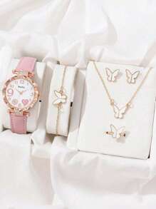 6pcs/Set Fashionable Simple Round Arabic Heart Design Dial Strap Quartz Watch + Butterfly Jewelry Set/Love Diamond Set/Water Drop Diamond Set Rings, Stud Earrings, Bracelets, Necklaces The Best Choice Set For Halloween, Christmas, Valentine's Day, Mother's Day, Holiday Gifts - White - View 11