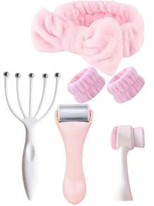 6 件套面部护理套装，包括凝胶不粘不锈钢冰滚轮 + 5 爪头部按摩球 + 双面面部刷 + 发带 + 腕带（2 件），可重复使用的面部提升滚轮，紧致肌肤，减轻疲劳的按摩组合，送给朋友和家人的礼物