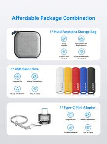 USB 2.0 Flash Drive With Storage Bag And Adapter 7pcs Combination Kit 64GB 32GB 16GB 8GB 4GB USB Memory Stick Multi-Color U Stick (Black Red Yellow White Blue Five Colors)
