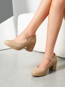 Wide Fit Women's Chunky Low Block Heels Mary Jane Closed  Round Toe Work Pumps Comfortable Elegant Dress Wedding Shoes - 杏色 - 查看 3