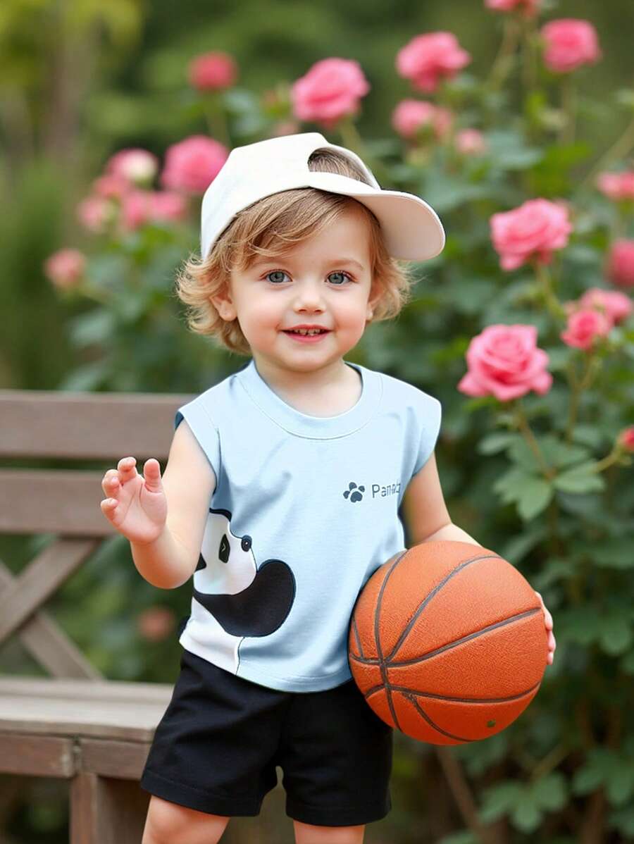 2 piezas Conjunto de niño pequeño con estampado de panda, sin mangas, cuello redondo, pantalones cortos de unicolor, adecuado para salidas diarias en verano - Azul - Ver 1