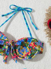 2pcs Women's New Style Ditsy Floral Bikini Set, Fashionable Backless Design With Metal Decor - Multicolor - View 4