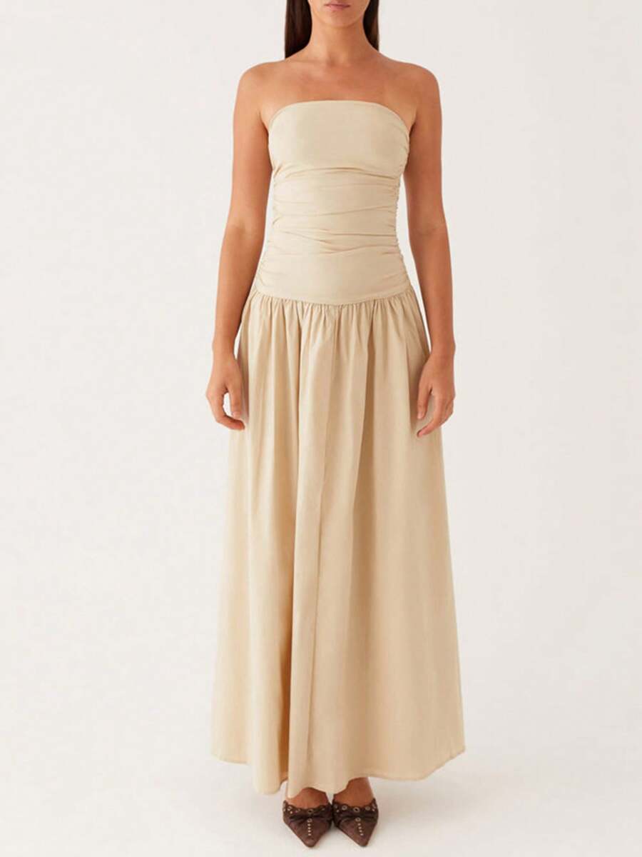 Women Summer Long Dress Y2k Strapless Tube Dress Elegant Off Shoulder Maxi Dresses Sleeveless Swing Flowy Dress Wedding Party Formal Cocktail Dresses Beach Vacation Clothes Dress Sundress - 卡其色 - 查看 1