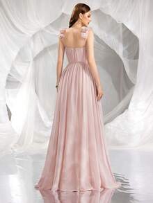 Elisanya Vestido de mujer de unicolor con hombros abiertos y detalles florales 3D, efecto de bodice plegado, adecuado para graduaciones, Halloween, Navidad, Acción de Gracias, ocasiones de fiestas, primavera/verano, formal, vestido de gala, para la noche, invitada de boda - Rosa vieja - Ver 2