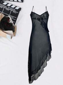 2pcs Sexy Sheer Mesh Lingerie Set, Spaghetti Strap Sleepwear Chemise With Ruffle Hem And Side Slit - Black - View 6
