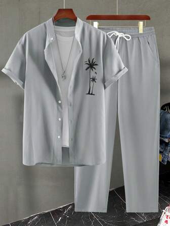 Men's Linen Look Coconut Tree Single Breasted Short Sleeve Shirt With Drawstring Long Pants Set, Cozy Outfits
