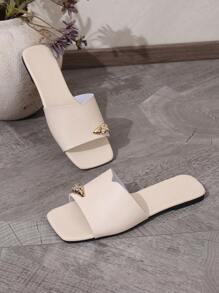 Women's Solid Color Slip-On Flat Sandals, Outdoor Square Toe Non-Slip Metal Stud Buckle Summer Slippers, Minimalist Versatile Beach Sandals