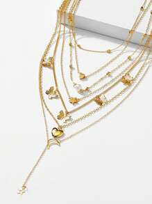 6 Piece Fashion Butterfly, Heart, Star, Moon Necklace Set, Versatile Everyday Accessory For Girl