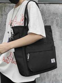 休闲男士多功能大容量手提包，用途广泛，可手提/单肩背，适合大学生、学生、教师等作为书包、购物袋、返校用品包、带拉链的托特包、书包、教师包、大容量托特包、旅行必备大容量包、旅行包、笔记本电脑包、沙滩周末包、书包、大学沙滩包、笔记本电脑包 - 黑色 - 查看 8