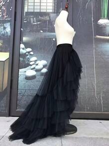 1pc Layered Ruffle Front Short Back Long Runway Trailing Princess Beach Photo Shoot Tulle Puff Skirt Slip