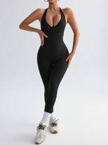 TCVC Women Seamless Drawstring Spaghetti Strap Backless Jumpsuit, Backless Seamless Knitted Romper, Indoor/Outdoor Sports Yoga, Soft Fabric, Bodycon Shaping - Black - View 3