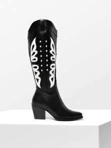 Women's Western Cowboy Boots Chunky Heel Pointed Toe Knee High Fashion Pull-On Cowgirl Boots With Zipper - màu đen - Xem 5