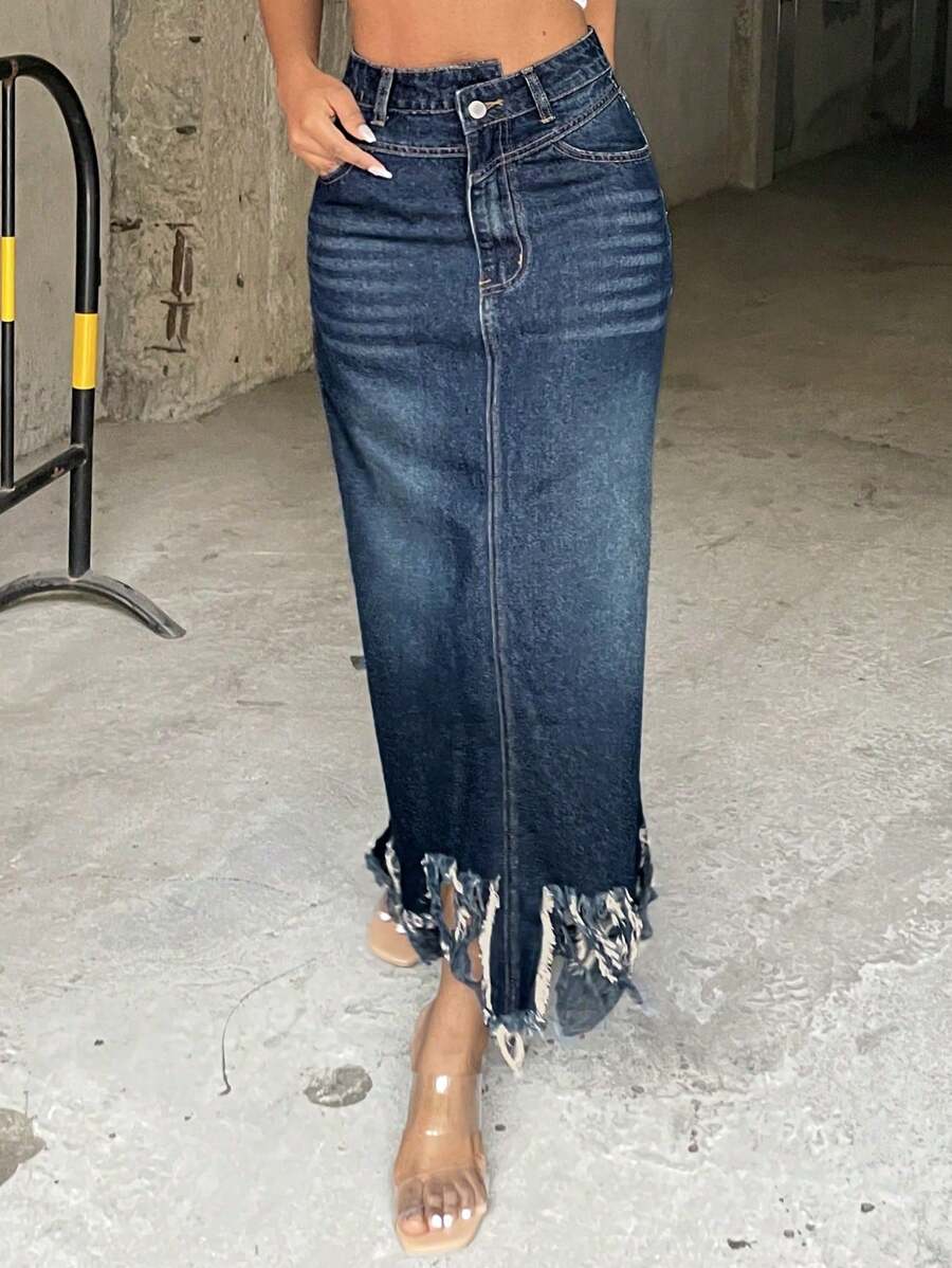 Y2K Style Non Elastic Straight Leg Denim Skirt With Zipper Buttons, Irregular Waistband, And Tassel Skirt, Cool, Sweet, And Spicy Outfit - Rửa tối - Xem 1