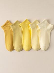 1/5 Pairs Solid Color Yellow & Green Comfortable Moisture-Wicking Short Socks For Women, Suitable For Home, School, Sports, Running In Spring/Summer, Easter - Multicolor - View 5