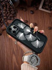 1pc Fashionable Black Ginkgo Leaf & Striped Pattern Anti-Fall Sandblast Phone Case, Compatible With Apple///Redmi/Infinix/Vivo