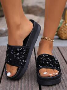 Summer New Thick Sole Glitter Women Slippers, Fashion Minimalist Beach Casual Sandals Versatile Roman Shoes