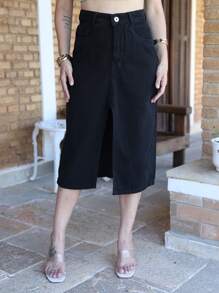 New Women's Slit Denim Skirt With Belt - 黑色 - 查看 4