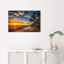 Framed Sunset Over Tropical Beach Palm Tree Ocean Photo Photograph Setting Sun Island Poster Nature Scene Palm Tree Scenic Relaxing Calm Sea Sand Beautiful Cool Wall Art Print Poster - Framed - View 3