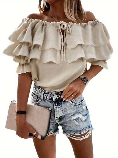 Women Fashion Wild Shirts Solid Color Boat-Neck Off-Shoulder Half Sleeve Chiffon Blouses Summer Casual Ruffles Tie-Up Tops