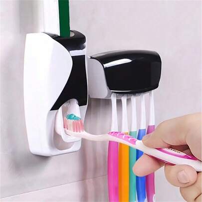 2 piezas Soporte de cepillo de dientes montado en la pared con dispensador automático de pasta de dientes, sostiene 5 cepillos de dientes, sin necesidad de electricidad, material de plástico, accesorio de baño, decoración del hogar, adecuado para otoño, vuelta al colegio