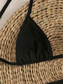 全新纯色吊带系带优雅性感派对微三角比基尼套装，夏季海滩时尚女士比基尼 - 黑色 - 查看 5