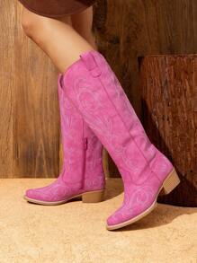 Women's Chunky Heel Embroidered Western Boots Pull On Side Zipper Knee High Boots Comfortable Fashionable Versatile Casual Outdoor Western Cowboy Cowgirl Boots - 玫紅色 - 查看 3