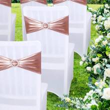 10pcs Metallic Foil Chair Sash, Chair Bow Tie Decor, Elastic Band With Buckle Slider, Bow Tie-Free Chair Back Flowers, Chair Cover Decoration, Suitable For Wedding Party Events, Banquet Decor