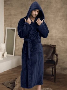 1pc Flannel Thick Autumn/Winter Soft & Comfortable Couple Double Pocket Luxury Fleece Hooded Belted Bathrobe For Men, For Fall Winter, Fluffy, Cozy