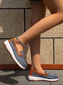 Women Platform Low Top Loafers, Casual Solid Color Round Toe Belt Buckle Moccasin Boat Shoes - Dusty Blue - View 7