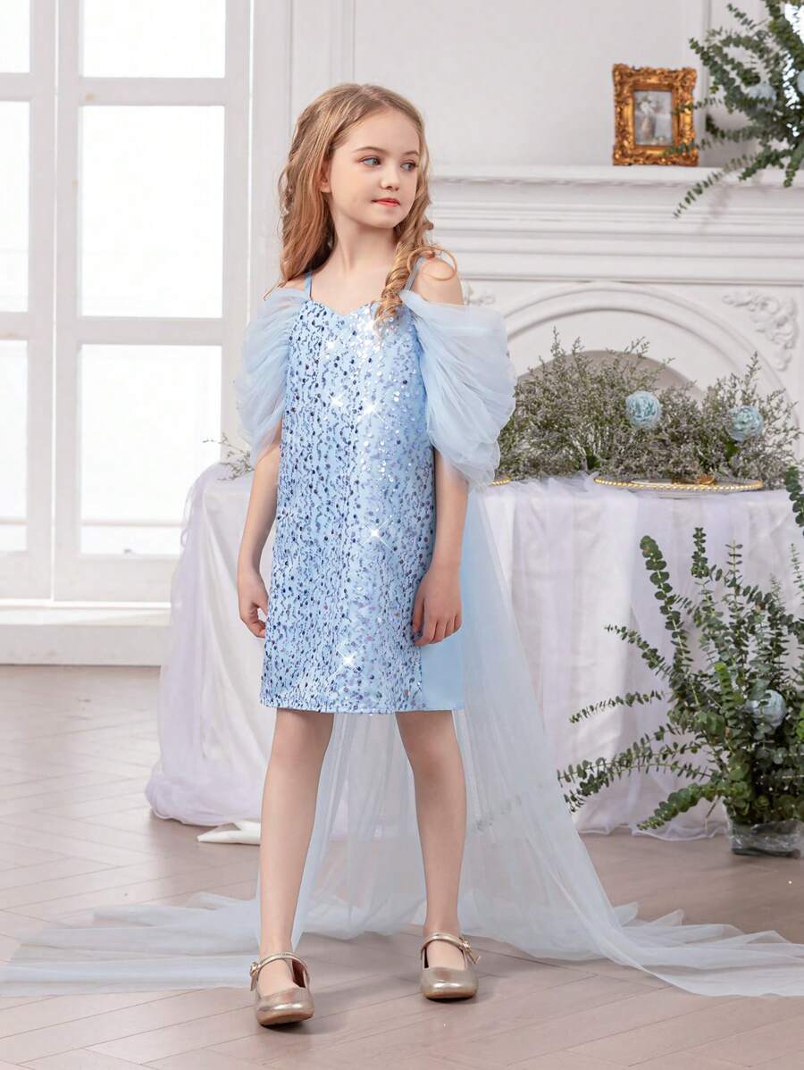 Tween Girls Spaghetti Strap Trailing Mesh Sequin Dress, Princess Gown Suitable For Easter, Birthday Gift, Party, Banquet, Flower Girl, Bridesmaid, Prom, Festival Celebration Outfit - Baby Blue - View 1