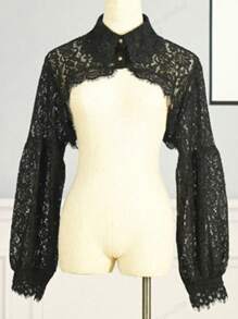 1pc Women Fashion Lace Long Sleeve Shrug Crop Top With Eyelash Trim, Midriff Baring Semi-Blouse Mock Neck Style - Black - View 5