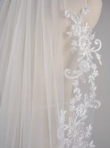 1 Pc 2 Tier Fingertip Length 37.4inch(95cm) Lace Wedding Bridal Veil With Metal Comb For Wedding Party White Ivory Fall Clothes For Women - Multicolor - View 3