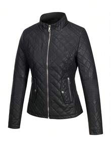 Giolshon Women's Autumn/Winter Faux Leather Jacket, Casual Short PU Motorcycle Jacket - 黑色 - 查看 6