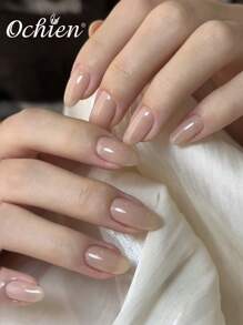 24pcs Oval Shaped Short Press-On Nails, Nude Solid Color Fake Nail Set, With 1pc Jelly Glue And 1pc File, Suitable For Holidays And Everyday Wear - Beige - View 4