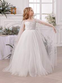 Tween Girl Elegant Lace Trim Bow Back Deep V Mesh Flower Girl Princess Dress, Suitable For Children's Birthday Party, Wedding, Prom, Holiday Occasions - White - View 5