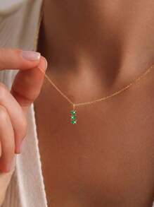 FOREVER QUEEN 1PC 925 Sterling Silver Green Three Zirconia Mini Clavicle Chain Necklace For Women Retro Party Jewelry Gift