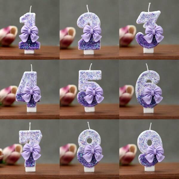 1 Pieza Vela creativa con número del 0 al 9 con gradiente de brillo y lazo morado para decoración de pastel de fiesta de cumpleaños, ambientación de sensación de cumpleaños, apta para bodas, aniversarios, San Valentín, ceremonias de adultos y celebraciones múltiples