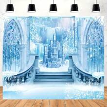 1 件城堡背景冬季仙境冰城堡摄影背景，蓝色冰花冬季景观适合公主洗礼生日派对 - 多色 - 查看 7