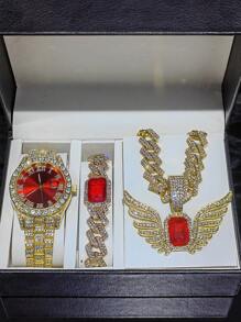 1 Set Angel Wings Red & Blue Gemstone Pendant Bracelet Necklace Men's Watch Gift Set, High-End Gift Box Suitable For Daily Wear, Men's Gift