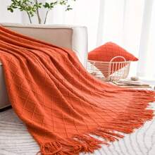 1pc Kids Bedding Morandis Color Solid Knit Tassel Blanket, Soft & Comfortable, Machine Washable, Bedroom Decor, Holiday Gift - Orange - View 1