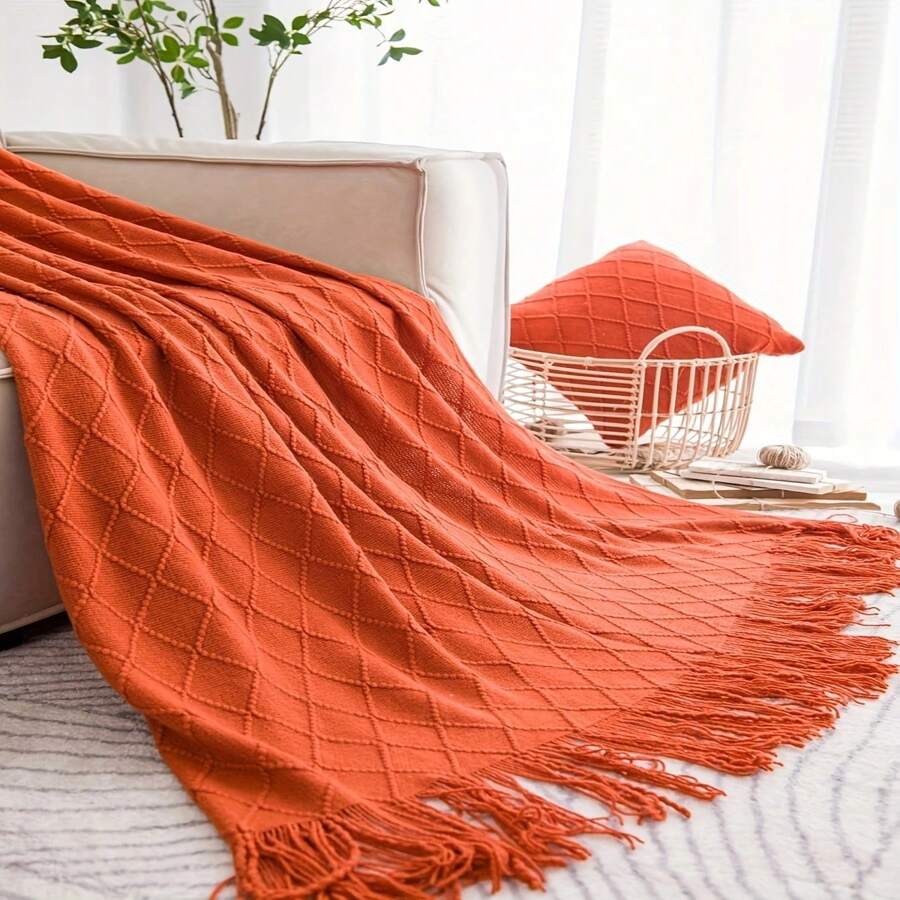 1pc Kids Bedding Morandis Color Solid Knit Tassel Blanket, Soft & Comfortable, Machine Washable, Bedroom Decor, Holiday Gift - Orange - View 1