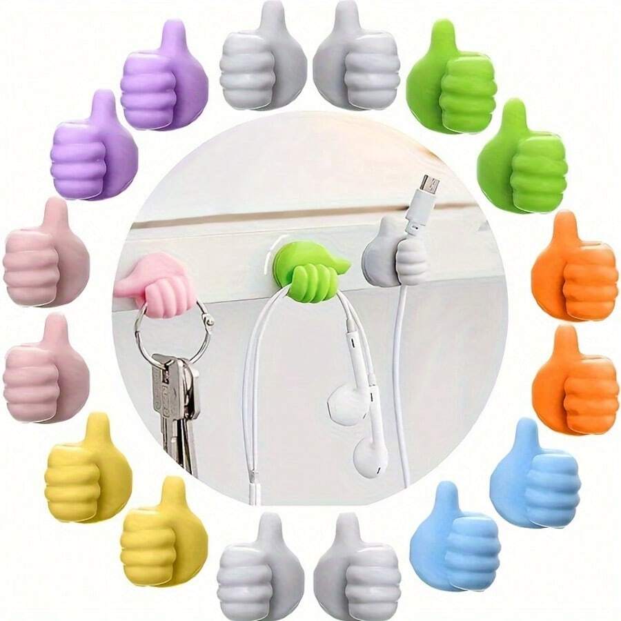 1/10Pcs Plastic Thumb Wall Hanger Hooks, Funny Self-Adhesive Cable Clips, Desktop Organizer Box, For Home/Office No-Electricity Use, Random Color