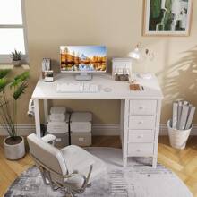 Small White Desk With Fabric Drawers, 40 Inch Kids Girls Teen Cute Study Desk For Bedroom Work, Reversible Computer Writing Table Desks With Drawer For Small Spaces Home Office - Warm White - View 9