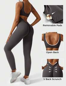 YEOREO Sleeveless Jumpsuits For Women Sexy Backless Gym Bodycon Lizvette V Back Scrunch Butt Rompers - 深灰 - 查看 4
