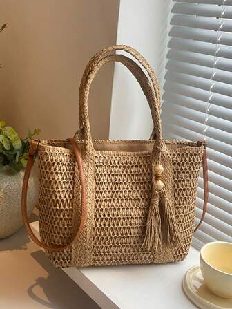 1 件女士休闲度假大容量手提包，流苏装饰吊坠，复古单肩包配肩带，适合女大学生、妈妈和办公室工作人员，创意时尚斜挎包