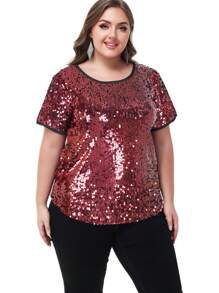 Women's Sequin Tops Plus Size Round Neck Sparkle Glitter Short Sleeve Party Tunic Blouse - Màu Đỏ Sâu - Xem 4