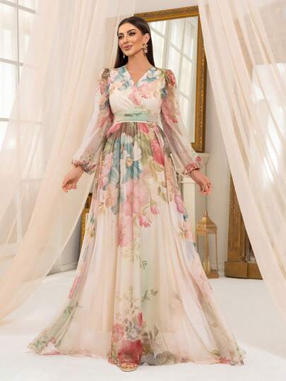 Vestido elegante de mujer con cuello en V cruzado, mangas farol y estampado de flores aleatorio