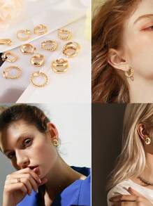 15 Pairs/Set Non-Pierced Earrings, Includes Black Flower Earrings, Blue Cubic Zirconia Ear Clips, Versatile Geometric Cubic Zirconia And Pearl Earring Sets - Multicolor - View 3