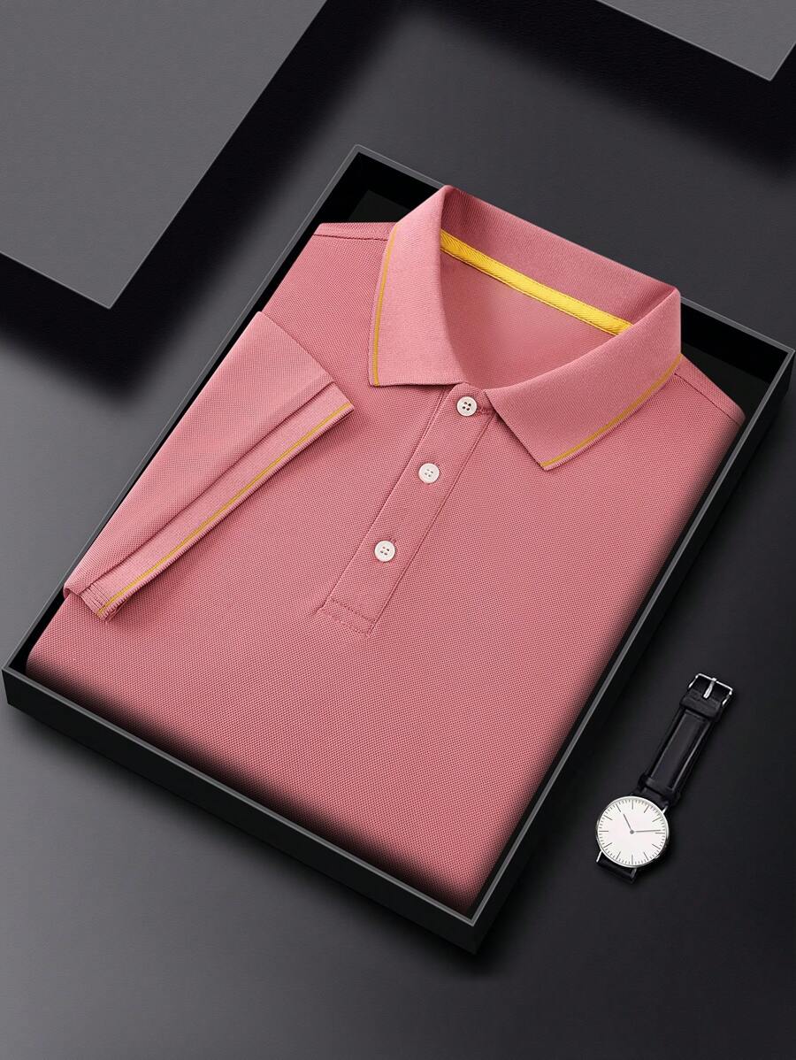 (POLO Short-Sleeved Shirt) Men's Fashionable V-Neck Short-Sleeved Casual Printed Shirt In Y2K Style. It Is A Stylish Business POLO Shirt, Suitable For Casual Wear, Work, Daily Outfits, And As A Gift Choice. It Can Also Be Customized As Group Clothing. - 粉色 - 查看 1